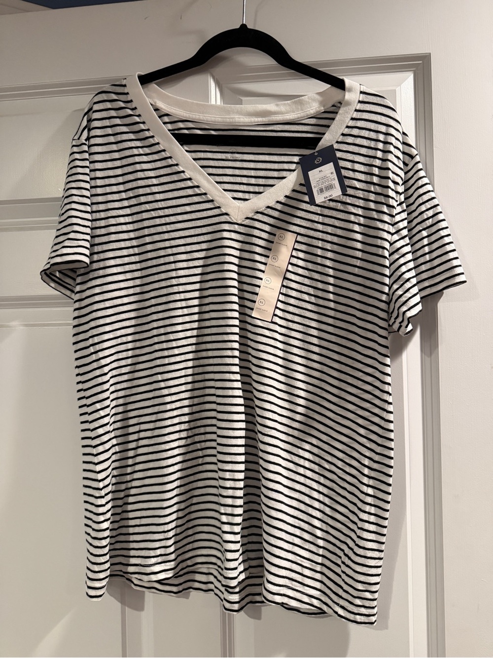 Striped V-Neck Tee in White and Black